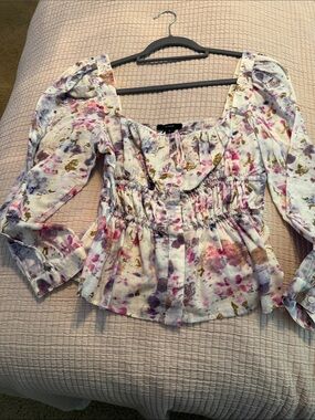J Crew White Floral Peplum Blouse with Pink, Purple & Gold Accents